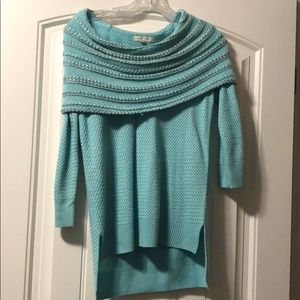 Light blue cowl neck sweater, 3/4 length sleeve